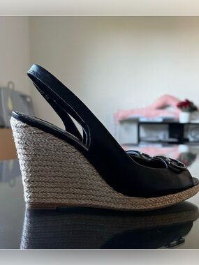 Carolina Herrera Black Leather Espadrille Wedge Slingback